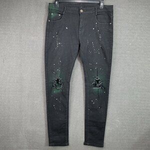 Sunny Mens Size 34 Black Distressed Skinny Fit Jeans Paint Splatter Design